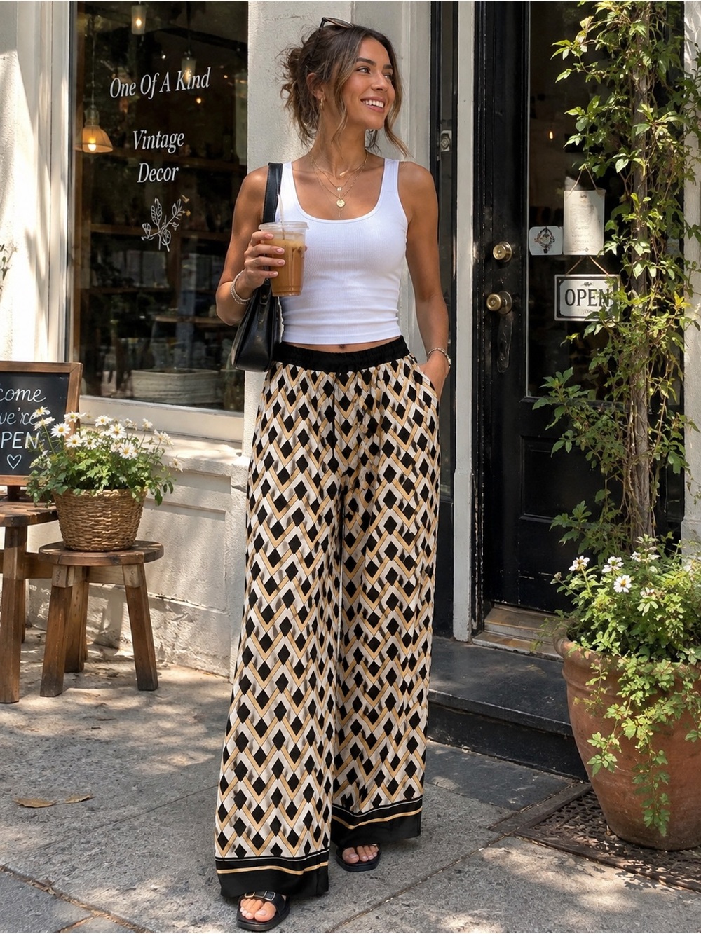 Mango Geometric Print Wide-Leg Pants – Size Small